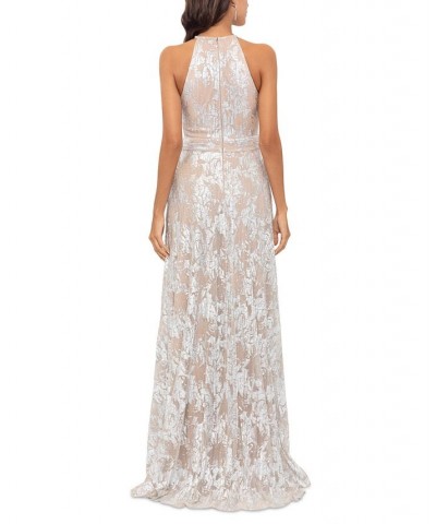 Women's Halter-Neck Metallic-Print Gown Champagne Silver $128.57 Dresses