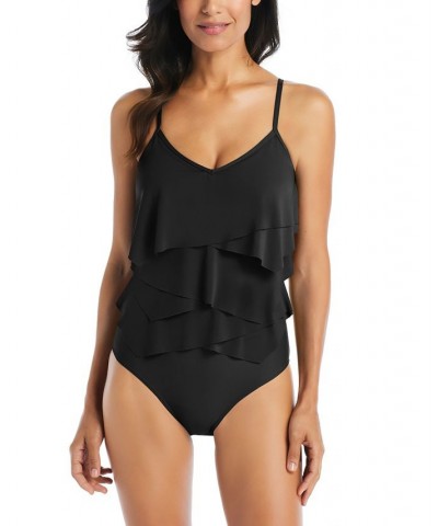 Women's Solid Citizen Tiered One-Piece Swimsuit Black $63.94 Swimsuits