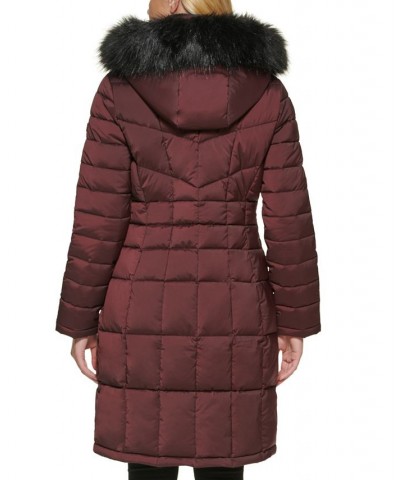 Women's Stretch Faux-Fur-Trim Hooded Puffer Coat Burgundy $83.50 Coats