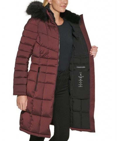Women's Stretch Faux-Fur-Trim Hooded Puffer Coat Burgundy $83.50 Coats