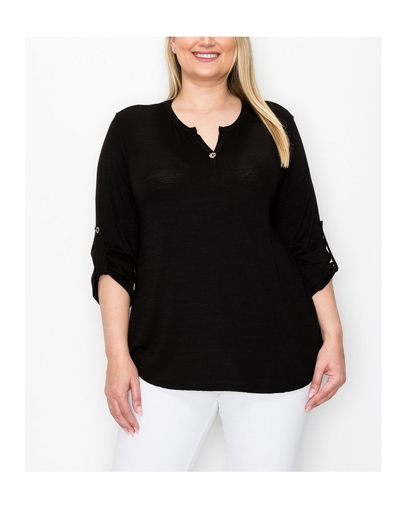 Plus Size 1 Button Henley Rolled Tab 3/4 Sleeve Top Black $19.78 Tops