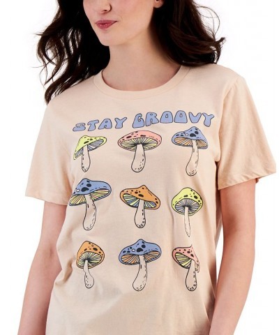 Juniors' Stay Groovy Mushroom Short-Sleeve T-Shirt Beige $11.20 Tops