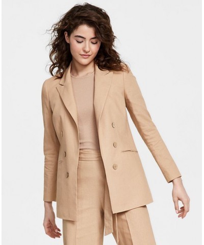 Women's Faux-Double-Breasted Linen-Blend Blazer Tan/Beige $56.99 Jackets
