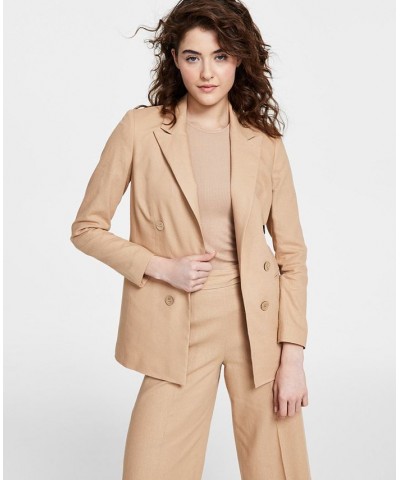 Women's Faux-Double-Breasted Linen-Blend Blazer Tan/Beige $56.99 Jackets