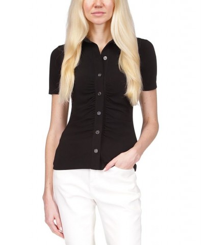Women's Button Ruched-Front Top Black $35.78 Tops