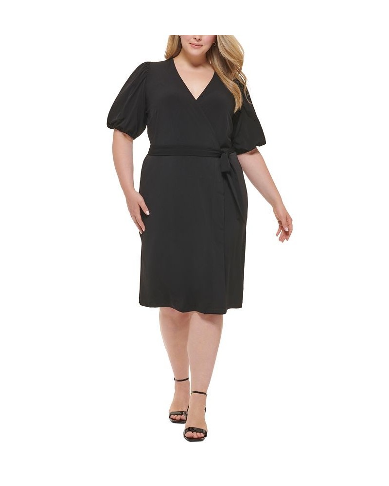 Plus Size Puff-Sleeve Wrap Dress Black $30.34 Dresses