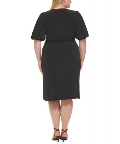 Plus Size Puff-Sleeve Wrap Dress Black $30.34 Dresses