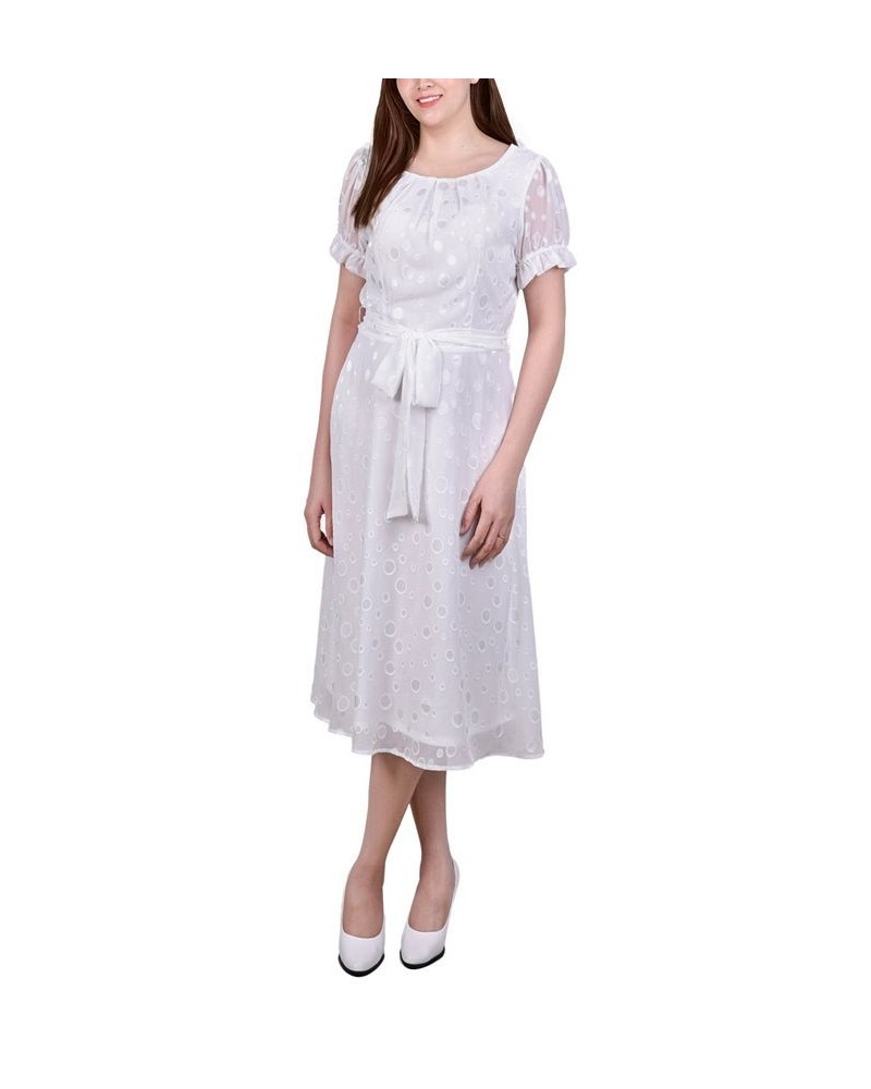 Women's Short Sleeve Belted Swiss Dot Dress Ivory/Cream $20.16 Dresses