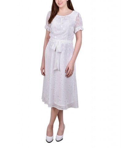Women's Short Sleeve Belted Swiss Dot Dress Ivory/Cream $20.16 Dresses