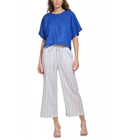 Linen Drop Shoulder Short Sleeve Top Blue $39.16 Tops