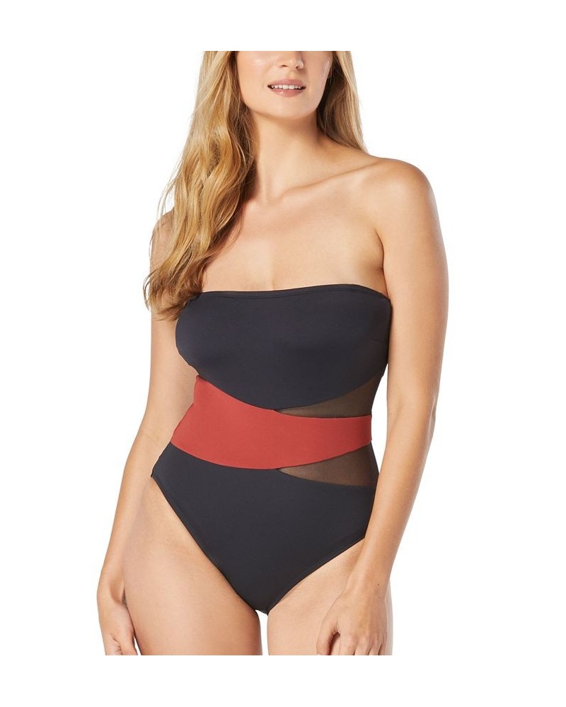Women's Contours Level Bandeau Mesh Tummy-Control One-Piece Swimsuit Spice $63.64 Swimsuits
