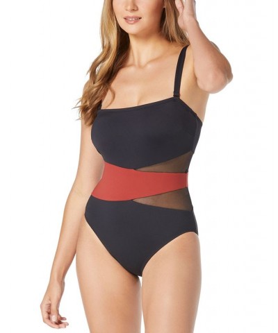 Women's Contours Level Bandeau Mesh Tummy-Control One-Piece Swimsuit Spice $63.64 Swimsuits