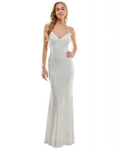 Juniors' Glitter Open-Back Evening Gown Ivory/silver $64.50 Dresses