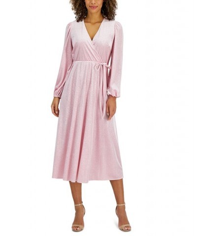 Glitter Velvet Faux-Wrap Midi Dress Pink $13.98 Dresses
