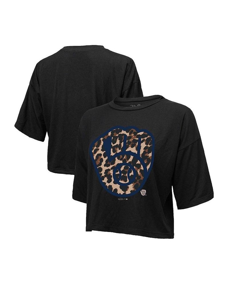 Women's Threads Black Milwaukee Brewers Leopard Cropped T-shirt Black $26.40 Tops