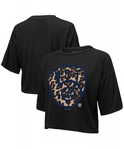 Women's Threads Black Milwaukee Brewers Leopard Cropped T-shirt Black $26.40 Tops