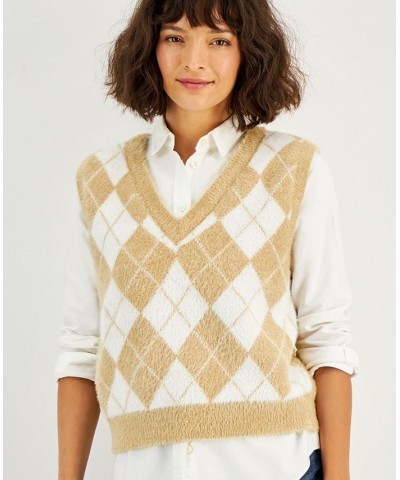Juniors' Soft Argyle Preppy Sweater Vest Tan Combo $11.50 Sweaters