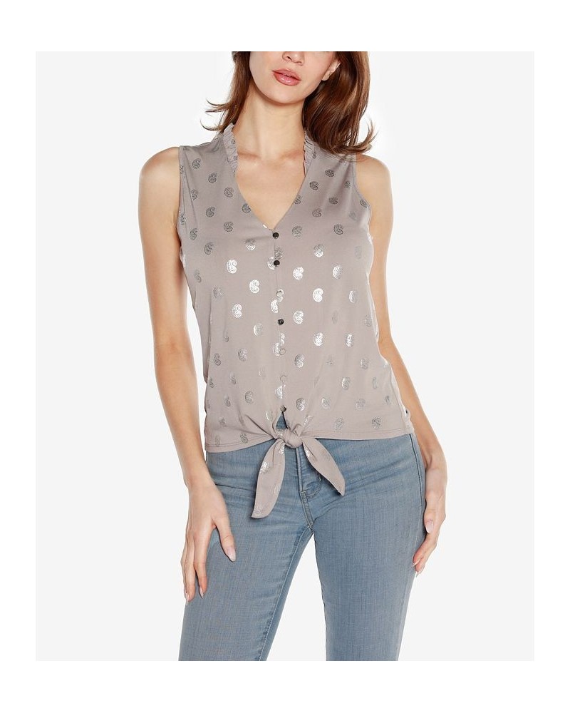 Black Label Petite Paisley Print Tie Front Sleeveless Top Pearl Gray, Silver $35.20 Tops