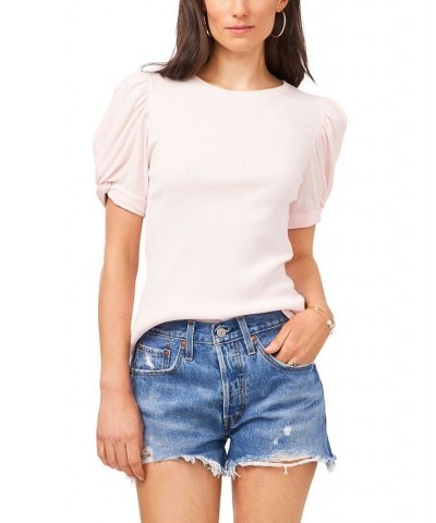 Women's Puff Sleeve Short Sleeve Knit T-shirt Pink Cloud $35.40 Tops