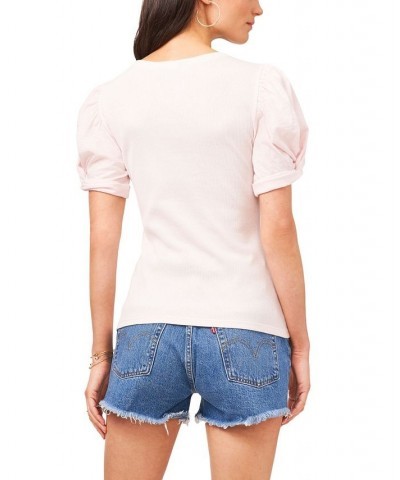 Women's Puff Sleeve Short Sleeve Knit T-shirt Pink Cloud $35.40 Tops