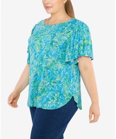 Plus Size Knit Tropical Tie Dye Print Top Blue $35.36 Tops