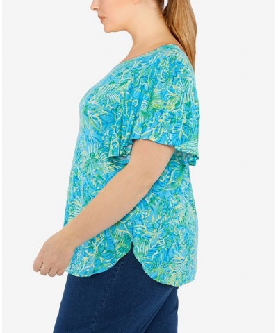 Plus Size Knit Tropical Tie Dye Print Top Blue $35.36 Tops