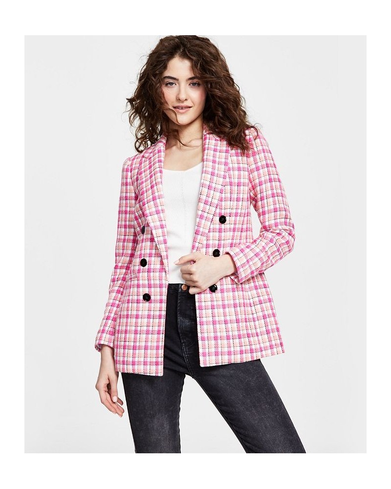 Women's Plaid Tweed Double-Breasted Blazer Berry Crush Multi $56.62 Jackets