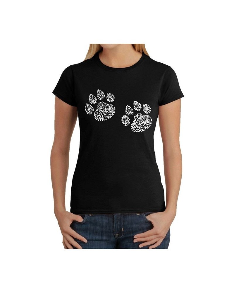 Women's Word Art T-Shirt - Meow Cat Prints Black $21.60 Tops