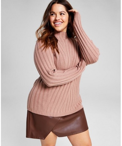 Trendy Plus Size Directional Rib Knit Mock Neck Sweater Almond $14.40 Sweaters