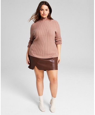 Trendy Plus Size Directional Rib Knit Mock Neck Sweater Almond $14.40 Sweaters