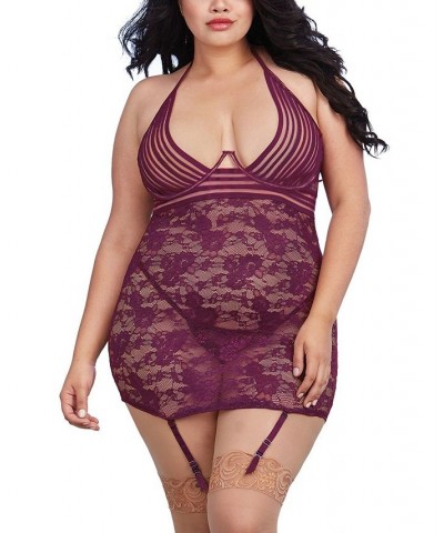Women's Plus Size Stretch Lace Garter Slip Lingerie with Sheer Stripped Elastic Details Mulberry $22.79 Lingerie