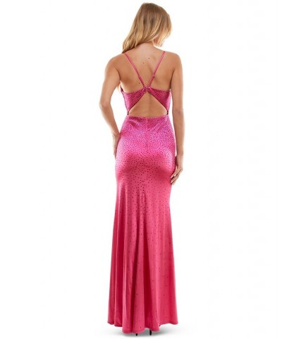 Juniors' Studded Plunge V-Neck Satin Gown Pink $68.04 Dresses