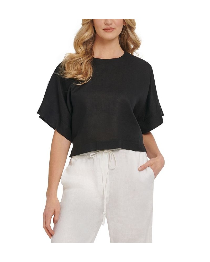 Linen Drop Shoulder Short Sleeve Top Black $39.16 Tops