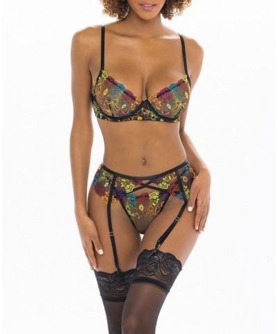 Women's Embroidery and Point De Sprit Mesh Bra with Matching Garter Belt and Panty 3 Piece Black Multicolored $30.96 Lingerie