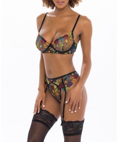 Women's Embroidery and Point De Sprit Mesh Bra with Matching Garter Belt and Panty 3 Piece Black Multicolored $30.96 Lingerie
