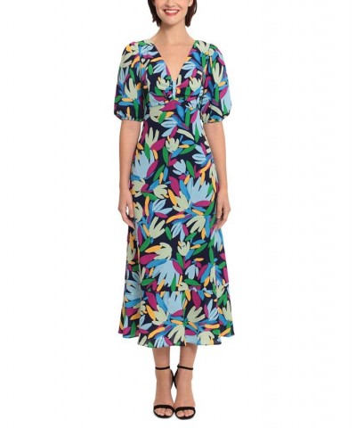 Women's Floral-Print V-Neck Midi Dress Navy/Light Blue $78.96 Dresses