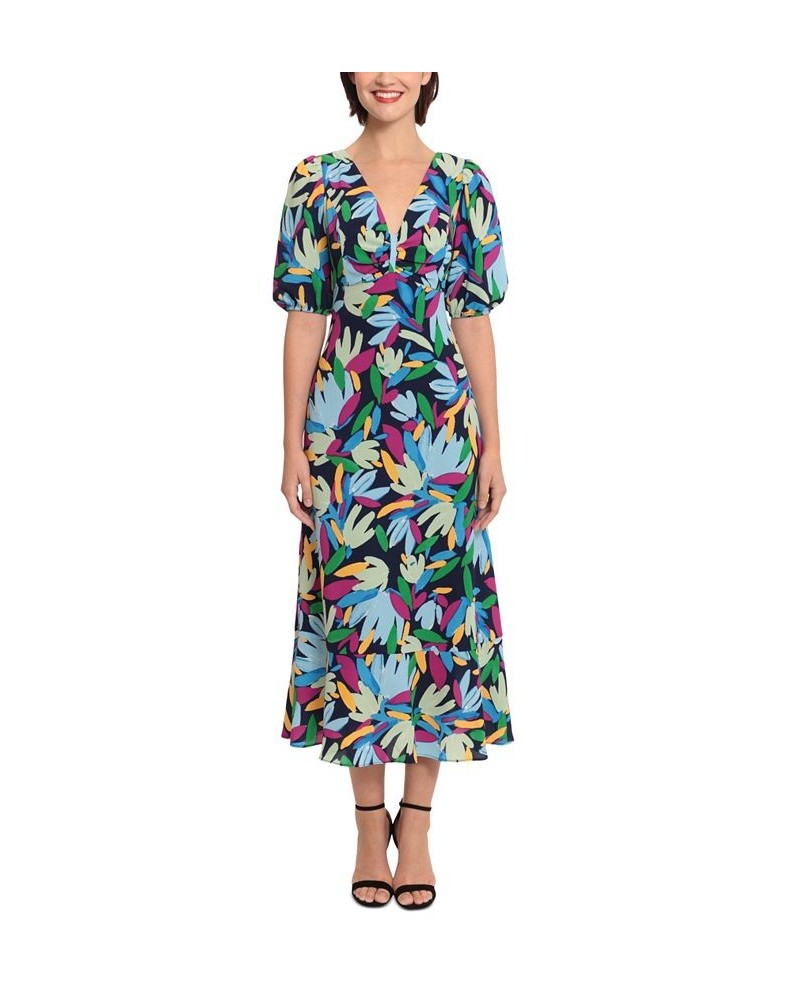 Women's Floral-Print V-Neck Midi Dress Navy/Light Blue $78.96 Dresses