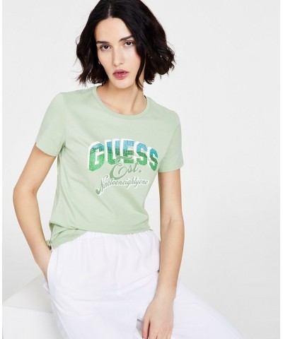 Women's Shaded Embellished Logo Cotton T-Shirt Green $23.52 Tops