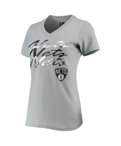 Women's Gray Brooklyn Nets Power Forward Foil V-Neck T-shirt Gray $12.80 Tops