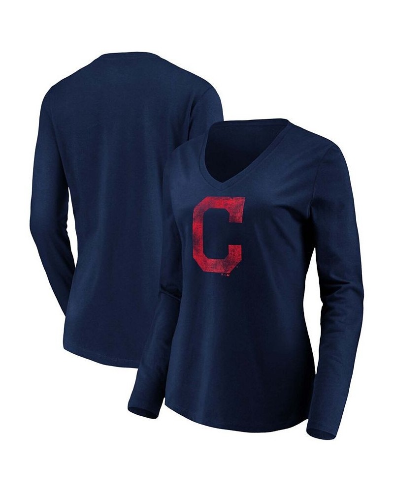 Women's Navy Cleveland Indians Core Team Long Sleeve V-Neck T-shirt Navy $24.77 Tops