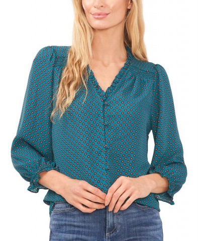 Women's Printed Ruffle-Neck 3/4-Sleeve Blouse Peacock Teal $41.08 Tops