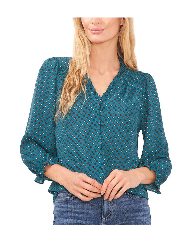 Women's Printed Ruffle-Neck 3/4-Sleeve Blouse Peacock Teal $41.08 Tops