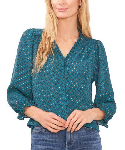 Women's Printed Ruffle-Neck 3/4-Sleeve Blouse Peacock Teal $41.08 Tops