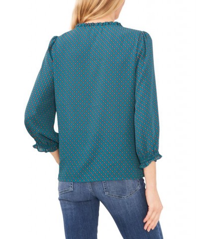 Women's Printed Ruffle-Neck 3/4-Sleeve Blouse Peacock Teal $41.08 Tops