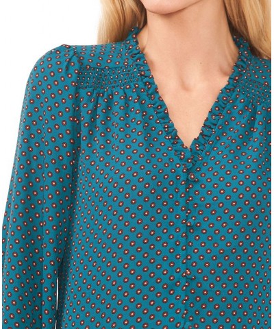 Women's Printed Ruffle-Neck 3/4-Sleeve Blouse Peacock Teal $41.08 Tops