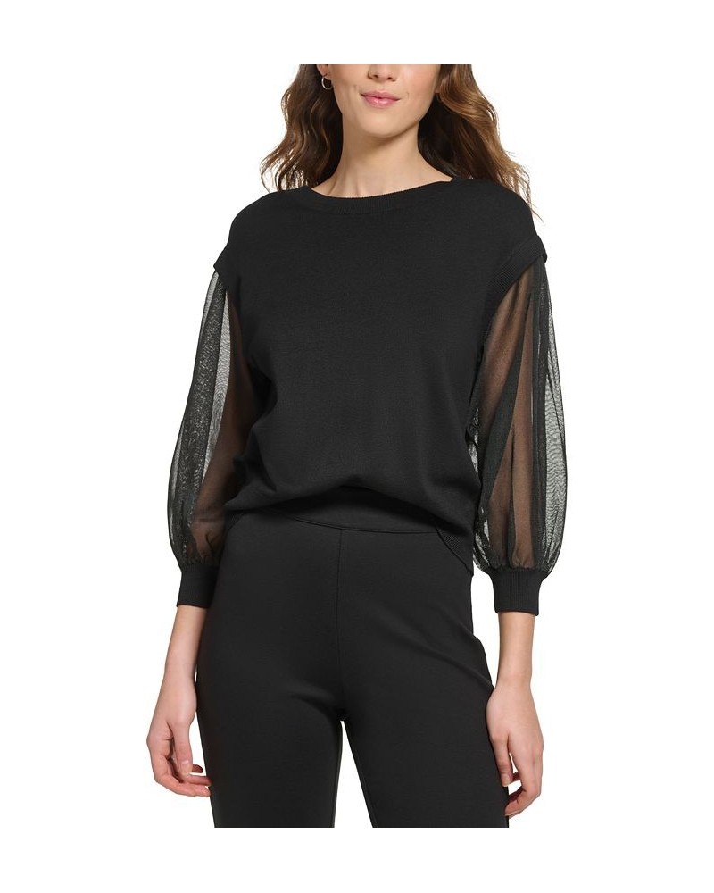 Women's Mixed-Media 3/4-Sleeve Crewneck Sweater Black $33.03 Sweaters