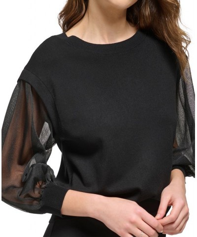 Women's Mixed-Media 3/4-Sleeve Crewneck Sweater Black $33.03 Sweaters