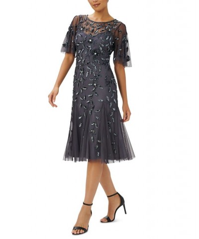 Embellished Flutter-Sleeve A-Line Dress Gunmetal $98.26 Dresses