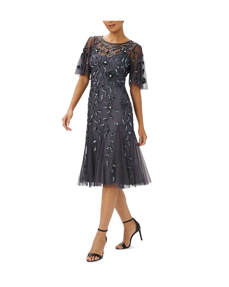 Embellished Flutter-Sleeve A-Line Dress Gunmetal $98.26 Dresses