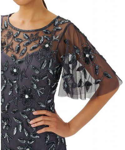 Embellished Flutter-Sleeve A-Line Dress Gunmetal $98.26 Dresses